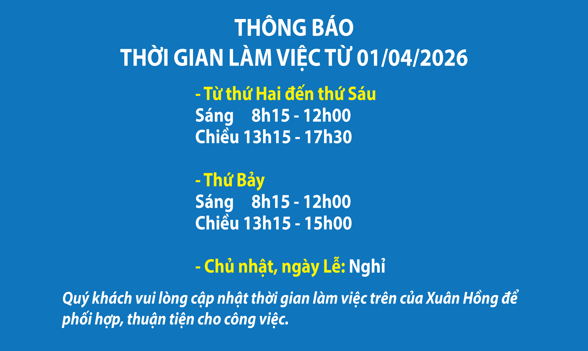 Thông báo thời gian làm việc 